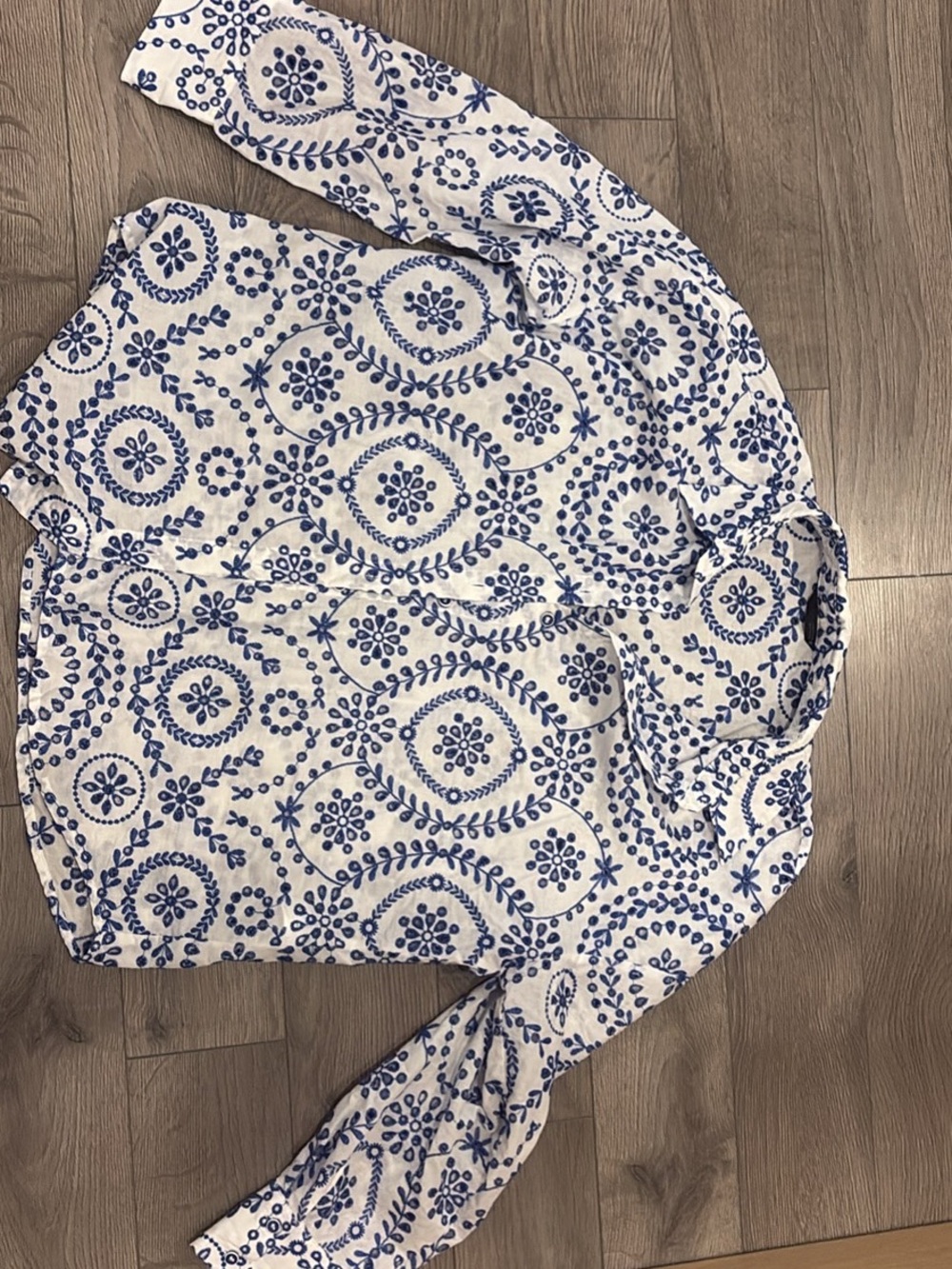 Women's White Button-Down eyelet Shirt with Blue Floral Medallion Print